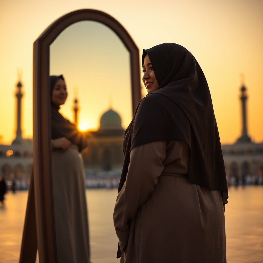 A chubby Muslim woman wearing a long hijab and loose clothes stands in front of a mirror at sunset