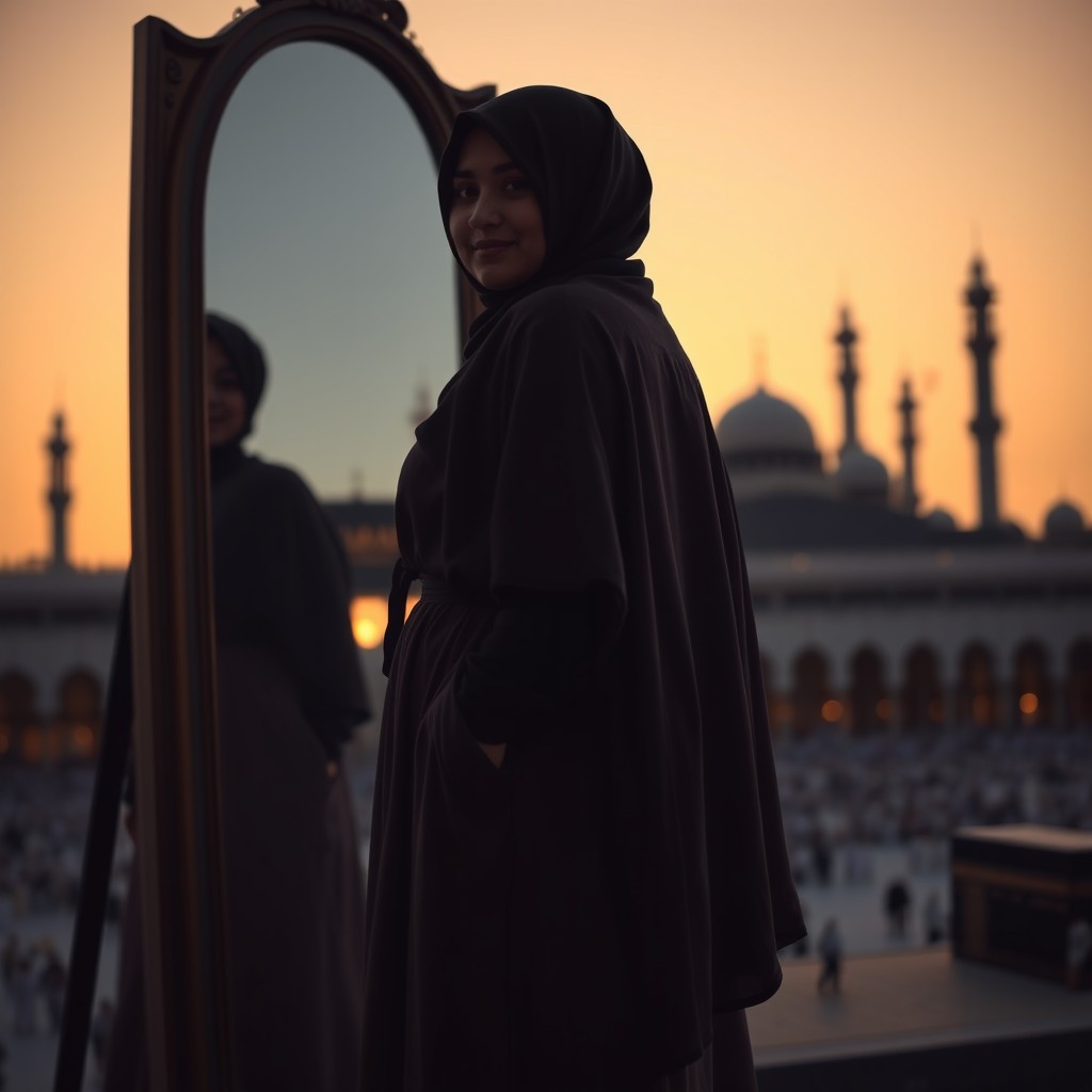 A chubby Muslim woman wearing a long hijab and loose clothes stands in front of a mirror at sunset