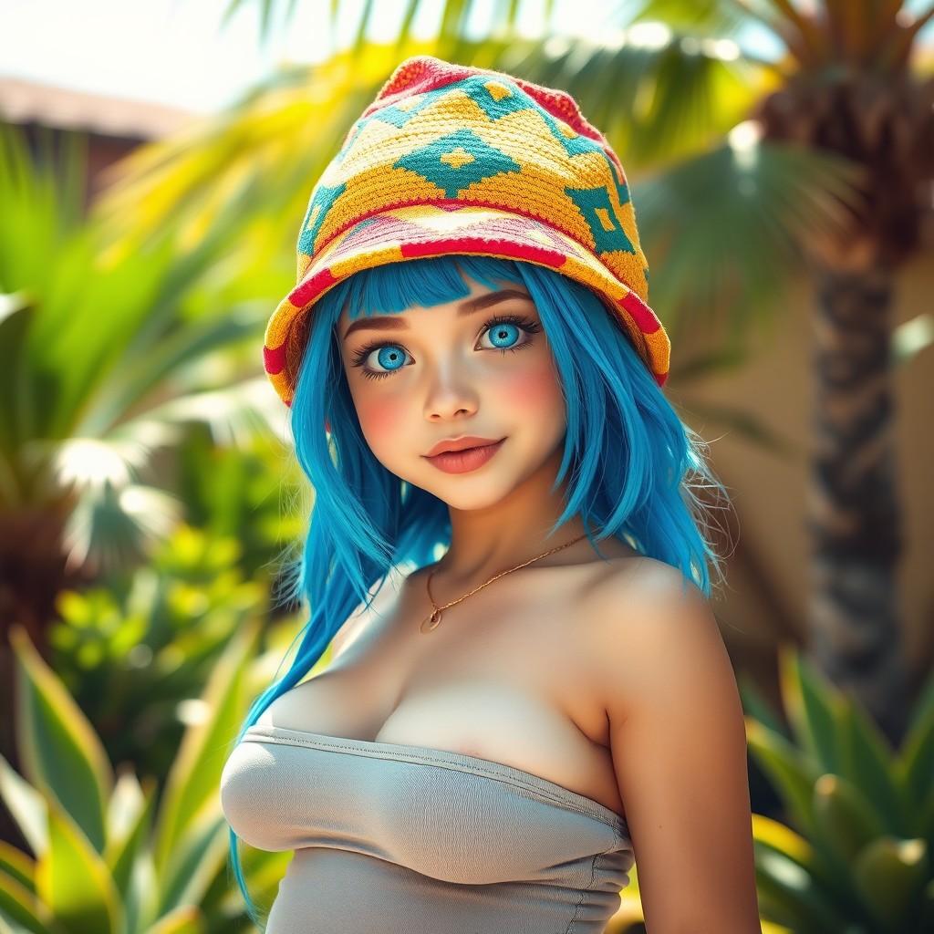 A short girl with vibrant blue hair and striking blue eyes, showcasing a curvy figure with an emphasis on her big chest