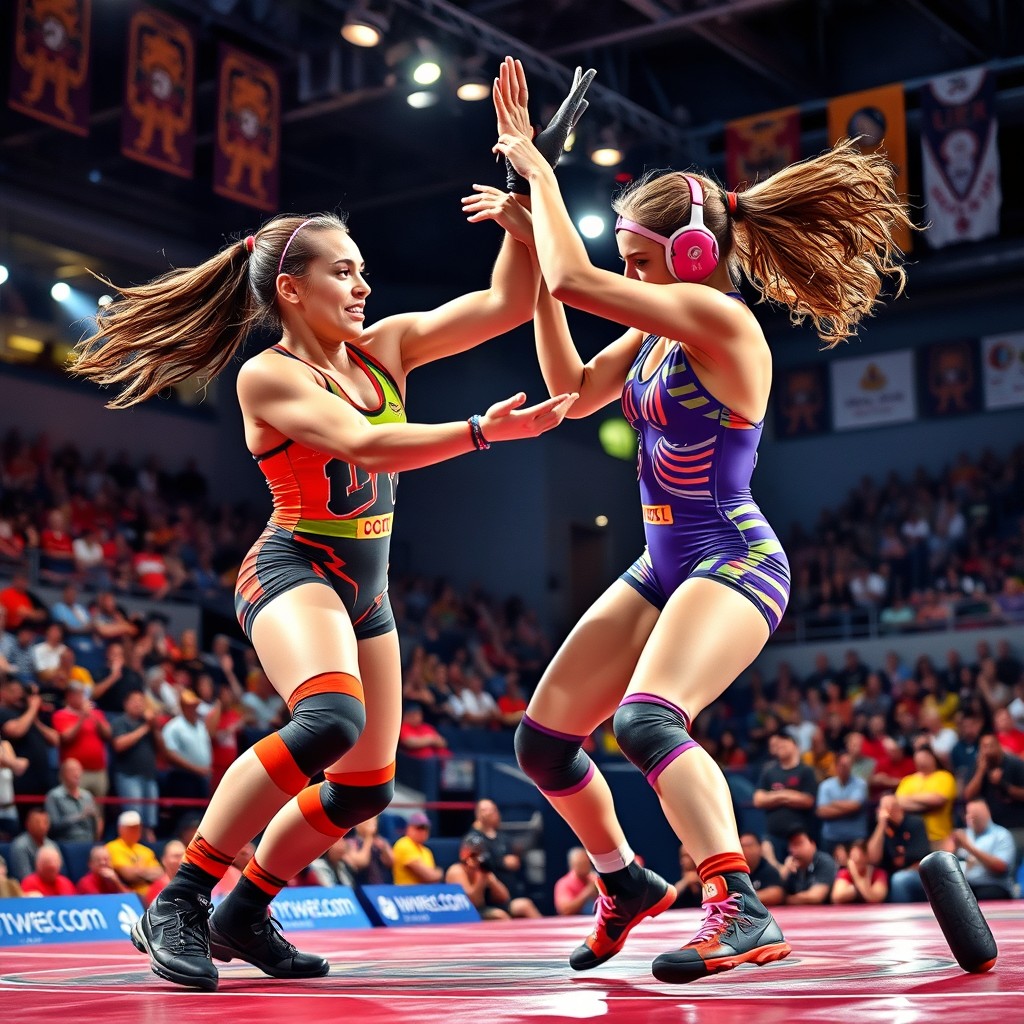 A dynamic scene of two female wrestlers in a competitive match, showcasing their athleticism and strength