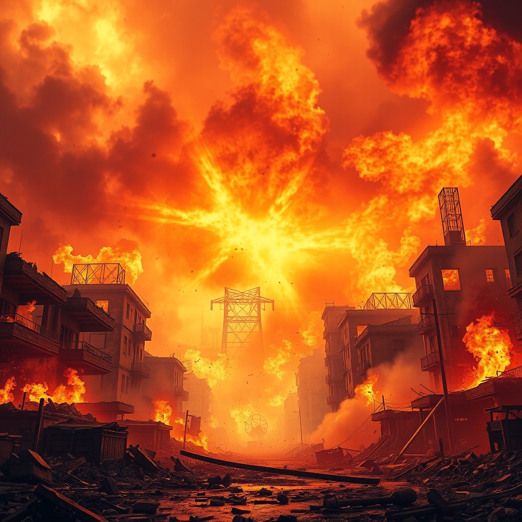 A dramatic scene showcasing a fiery background filled with blazing flames and smoke, illustrating destruction and chaos in an urban landscape