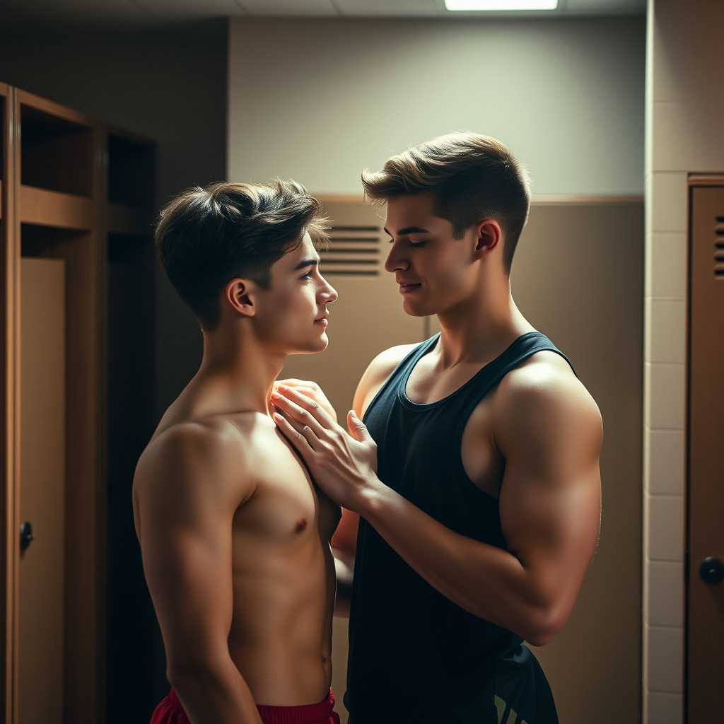 Two 19-year-old young men standing close together in a locker room, facing each other