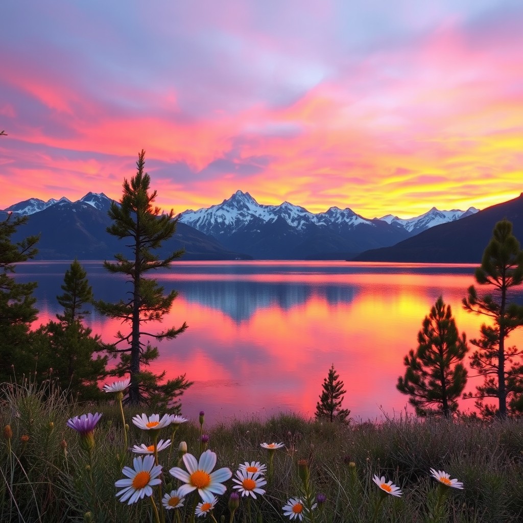 A serene mountainous landscape during sunset, featuring a tranquil lake that reflects the vibrant orange and pink hues of the sky