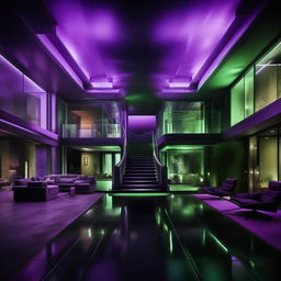 A realistic, sleek modern mansion, harboring an evil genius. Accentuated with chilling blues, eerie greens, and intense purples, the design subtly expresses the occupant's malevolence and immense intellect. The powerful aura and oppressive rage is almost palpable.