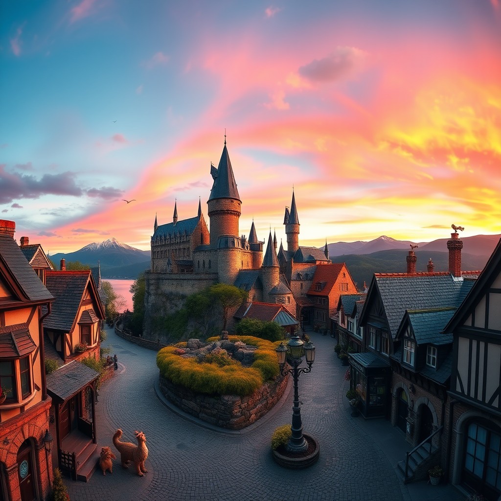 A stunning panoramic view of the Harry Potter world, showcasing a magical setting