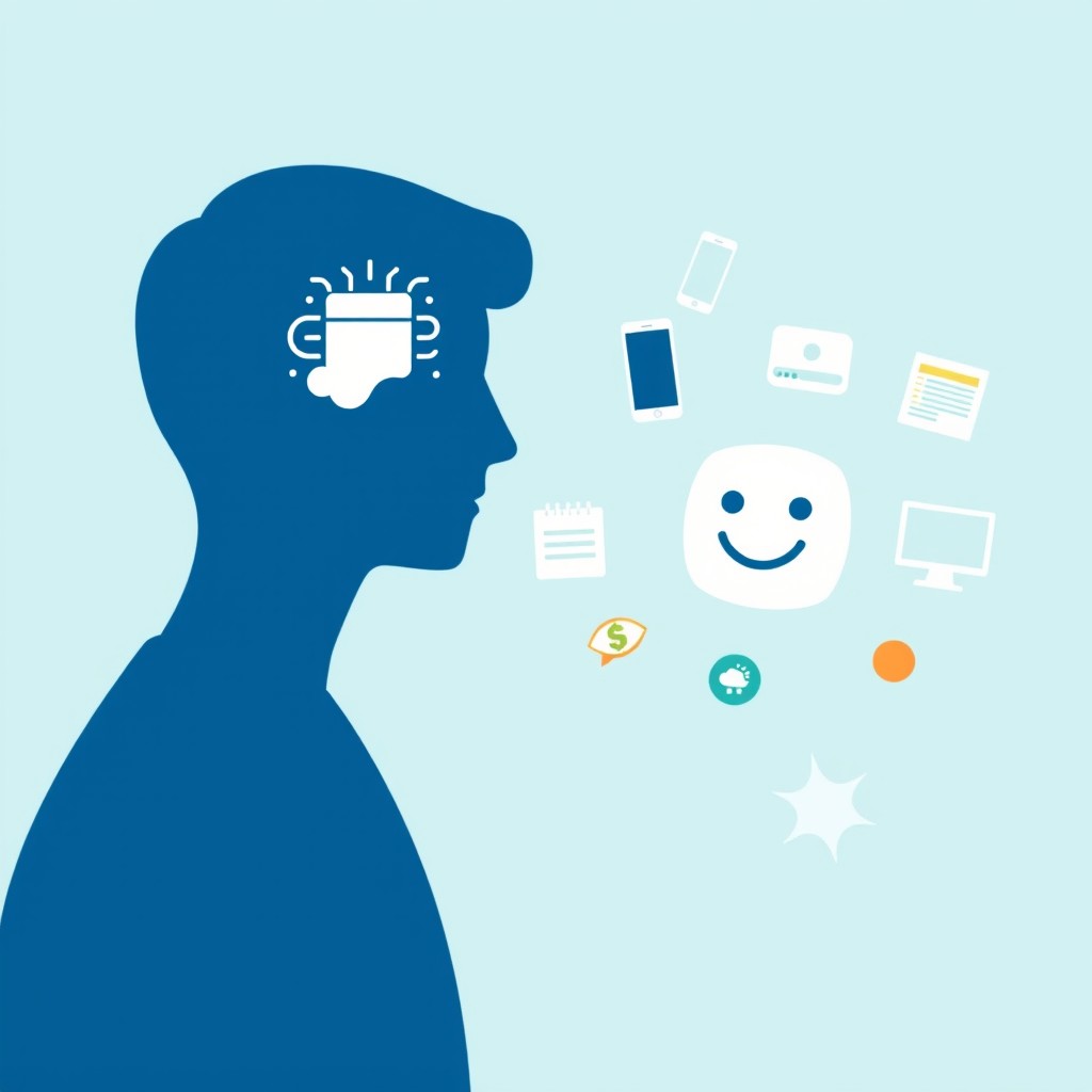 A stylized human silhouette interacting with an AI icon, depicted as a digital brain, chip, or a smiling digital face