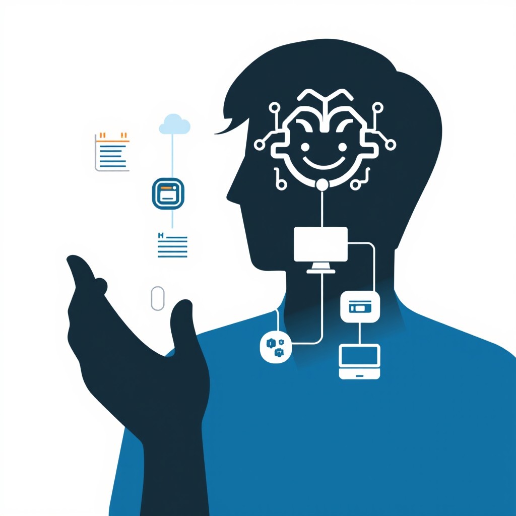 A stylized human silhouette interacting with an AI icon, which resembles a digital brain, a chip, or a smiling digital face