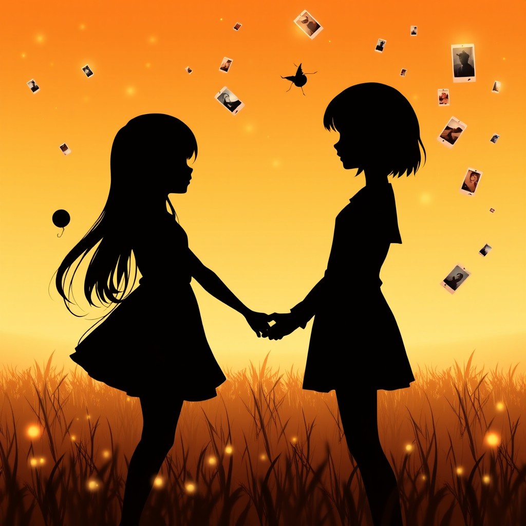 Two silhouettes of girls holding hands, one with long hair and the other with slightly shorter hair