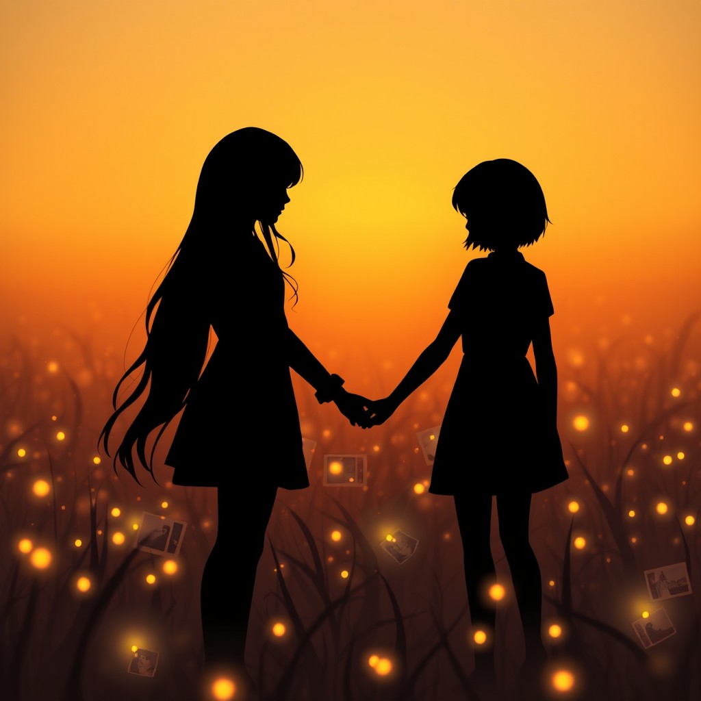 Two silhouettes of girls holding hands, one with long hair and the other with slightly shorter hair
