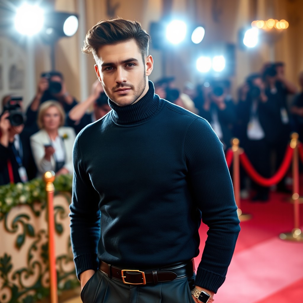 A stylish man dressed for a red carpet event, wearing a sophisticated turtleneck sweater paired with tailored trousers