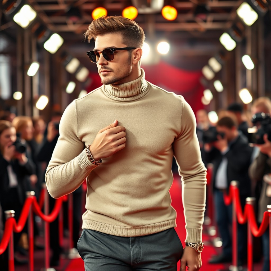 A stylish man walking confidently down a red carpet with a luxurious chain-linked finger bracelet adorning one hand