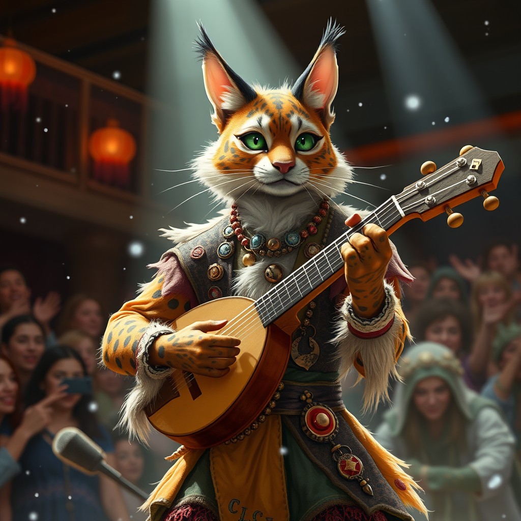 A Tabaxi bard performing on stage, showcasing an exotic feline humanoid with a vibrant coat of fur featuring spots and stripes