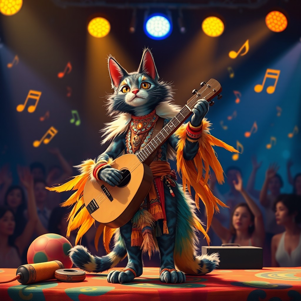 A vibrant Tabaxi bard standing on a colorful stage, adorned with eclectic musical instruments like a lute and tambourine