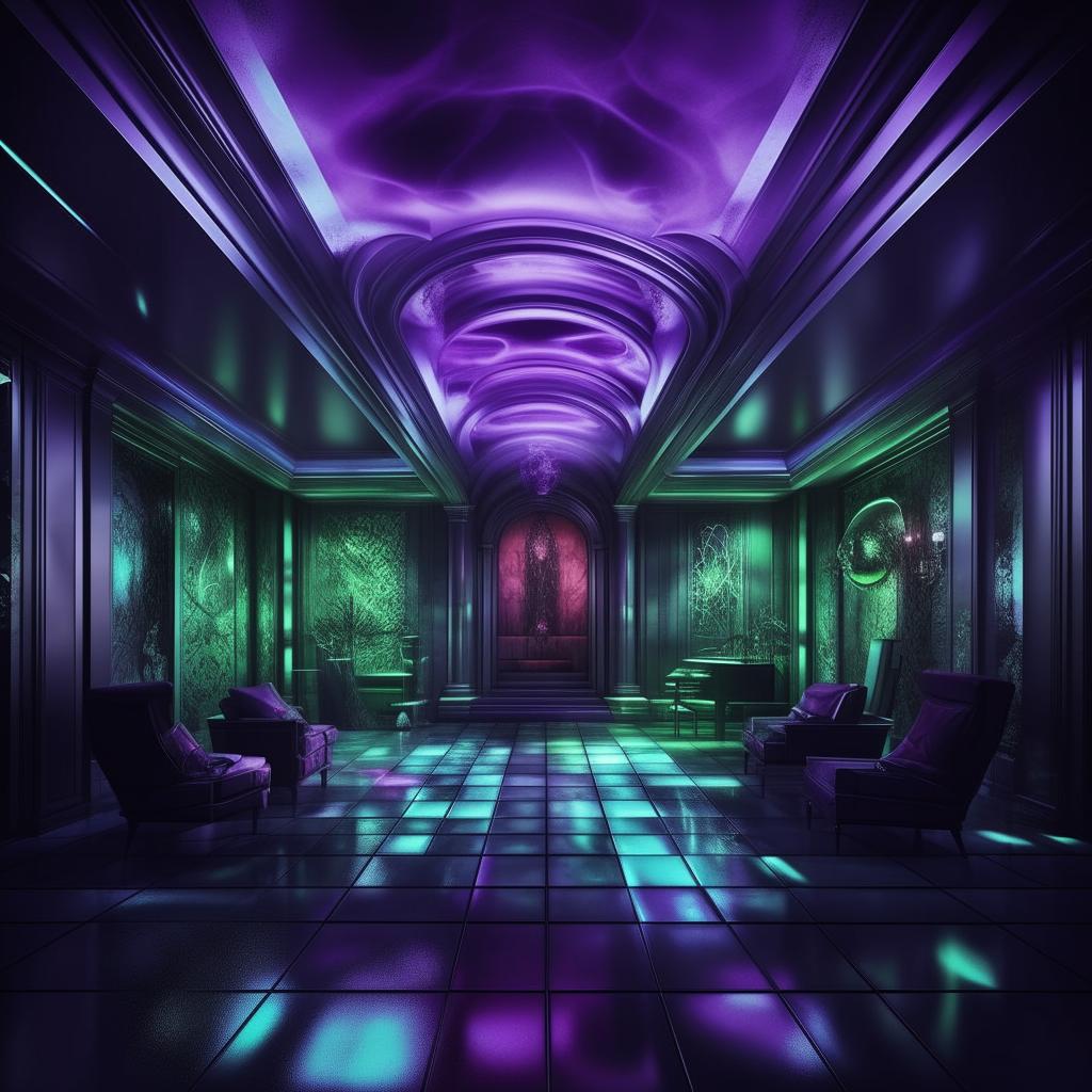 A realistic, sleek modern mansion, harboring an evil genius. Accentuated with chilling blues, eerie greens, and intense purples, the design subtly expresses the occupant's malevolence and immense intellect. The powerful aura and oppressive rage is almost palpable.