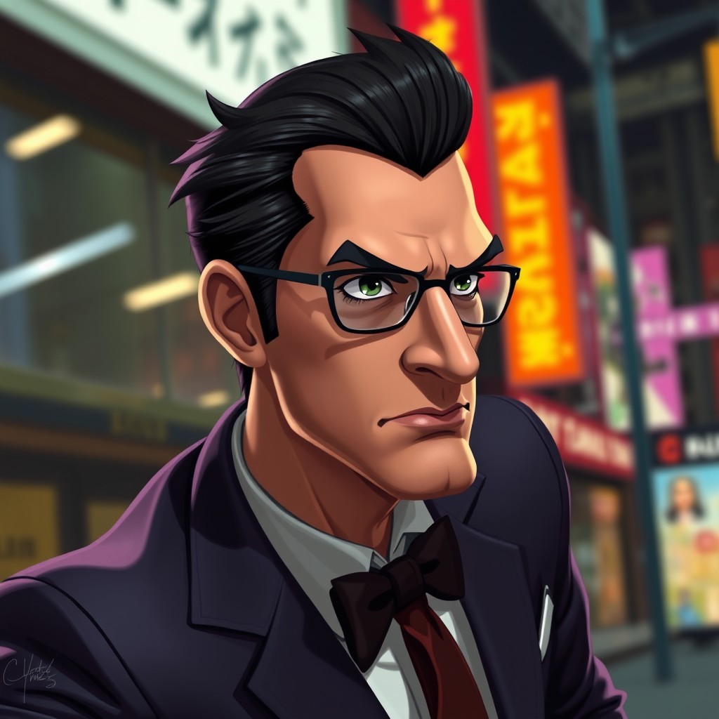 A realistic portrayal of a character from the animated series Archer, featuring the character's distinct features such as their sharp jawline, unique hairstyle, and stylish attire