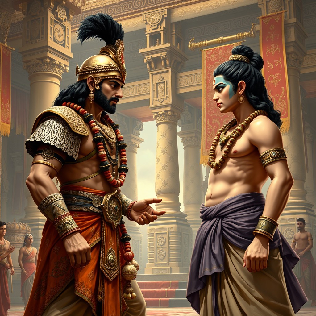 A detailed scene depicting Duryodhana and Krishna engaged in a serious conversation in the royal court of Hastinapur