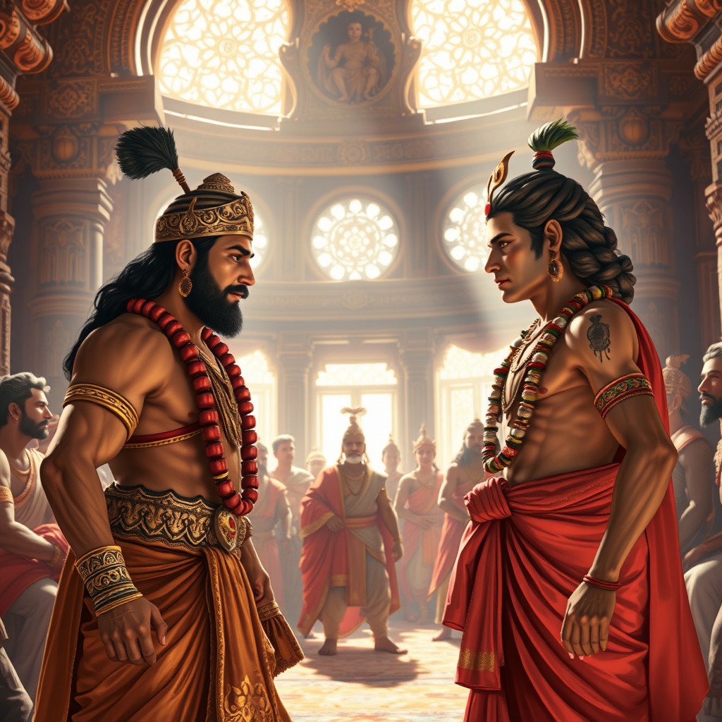 Duryodhana, the Kuru prince known for his strength and ambition, is engaged in a heated conversation with Krishna, the divine being known for his wisdom and diplomacy