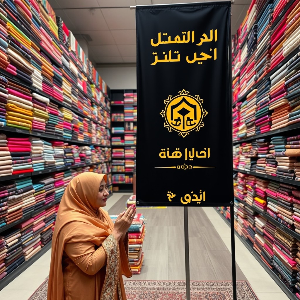 A photo of a woman inside a large women's fabric store filled with colorful shelves of various fabrics