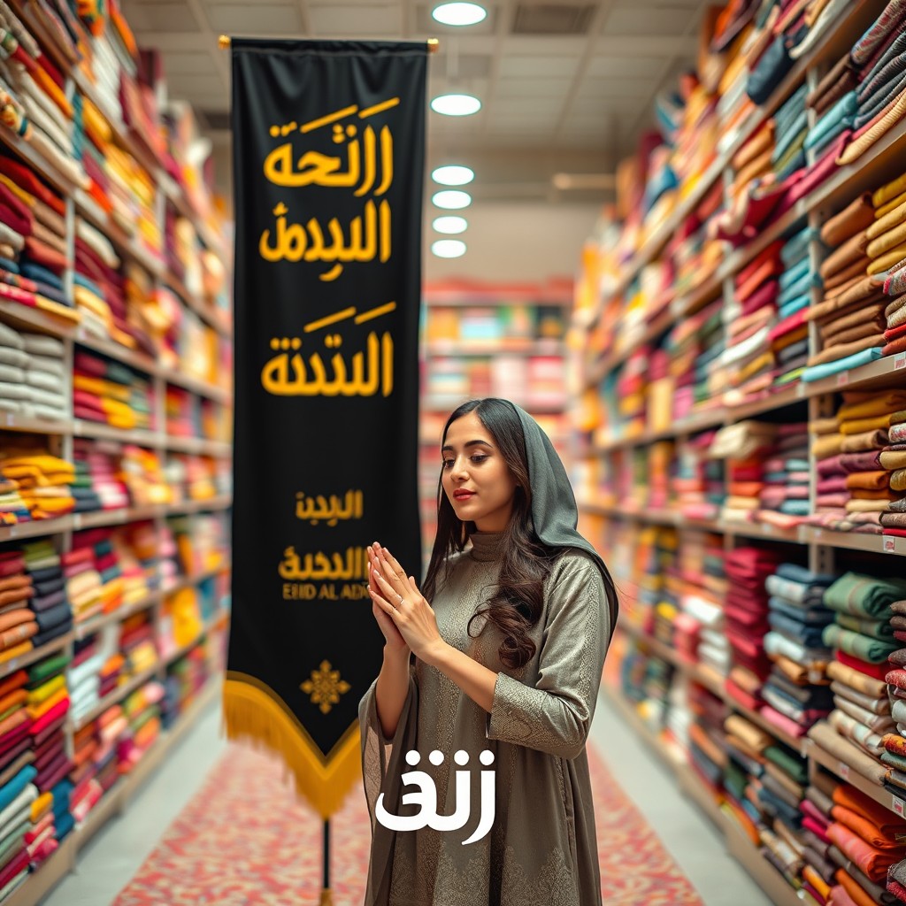 A beautiful photo of a woman standing in a large women’s fabric store, surrounded by colorful shelves full of vibrant fabrics