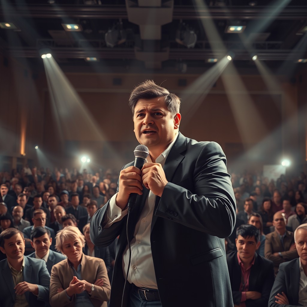 A dramatic scene illustrating a person expressing their complaint passionately, standing in front of a large audience with a microphone