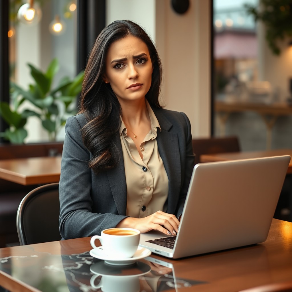 An elegant and sophisticated image of a woman in her early thirties, sitting at a stylish café table with a laptop open in front of her, displaying a frustrated but composed facial expression