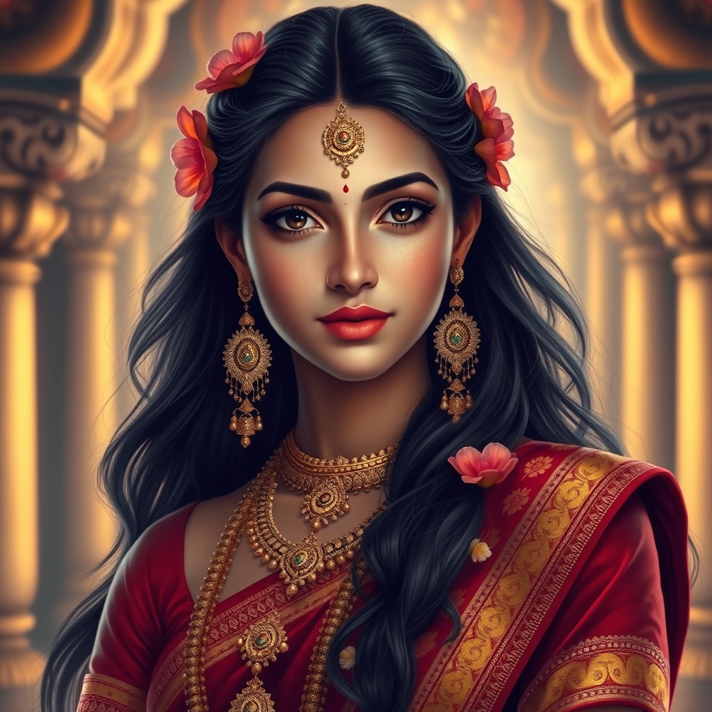 A stunning depiction of an Indian goddess, embodying beauty and grace