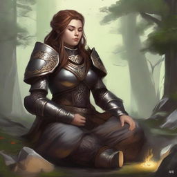 dwarven female kineticist meditates wearing her heavy armor while manipulating nature's energy arrounds her