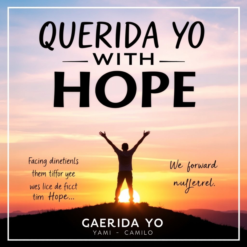Create a vibrant and inspirational poster that encapsulates the message of facing life with hope, as depicted in the song "QUERIDA YO" by YAMI and CAMILO