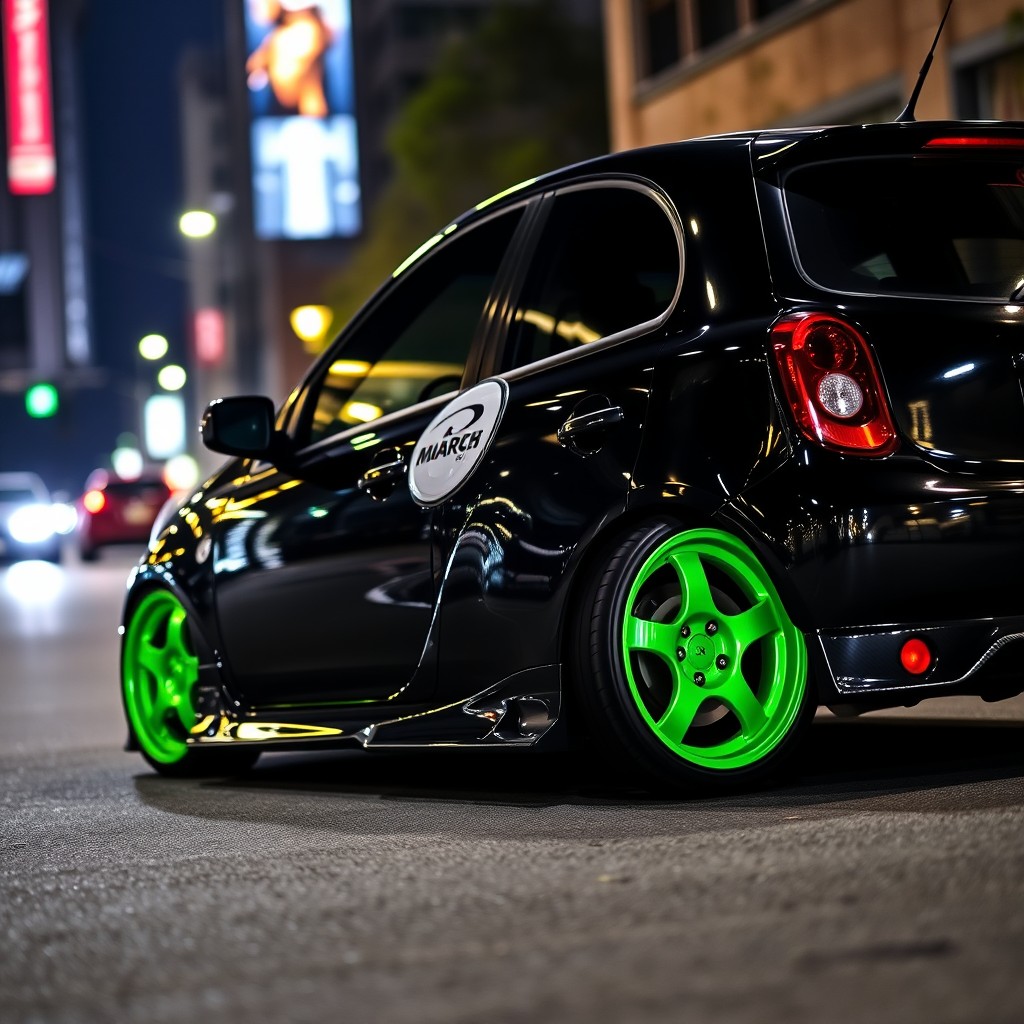 A stylish and modified 2006 Nissan March, prominently featured with a sleek black exterior finish, showcasing its sporty lines