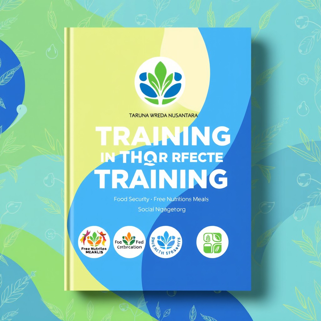A book cover design focused on the theme of integrated training for Taruna Wreda Nusantara regarding social research: food security, free nutritious meals, clean water, rice distribution, and waste management