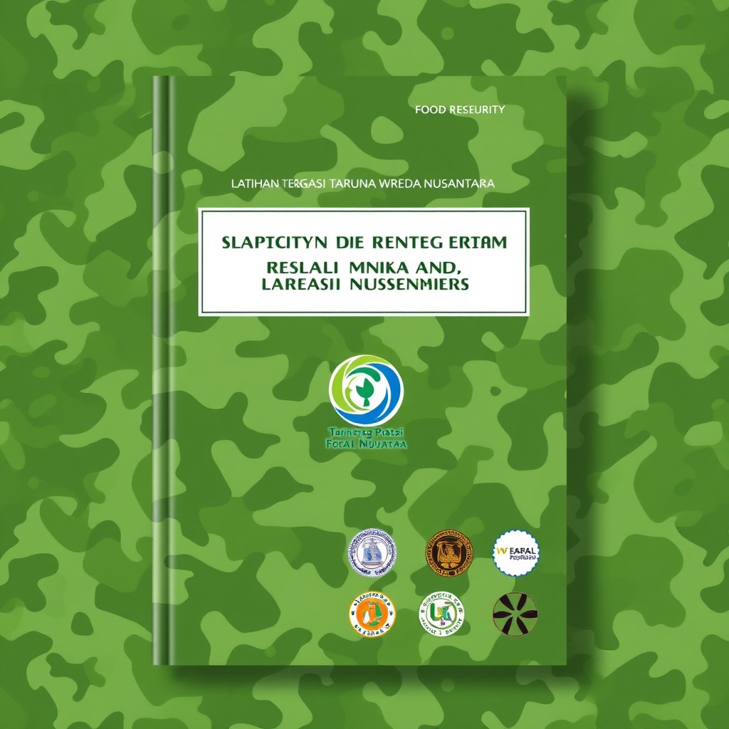 A book cover design featuring a military camouflage pattern in green as the background, with faint images representing the themes of Food Security, Nutritional Meals for Free, Clean Water, Rice Distribution, and Waste Management subtly integrated into the military green camouflage