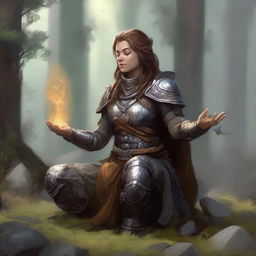 dwarven female kineticist meditates wearing her heavy armor while manipulating nature's energy arrounds her