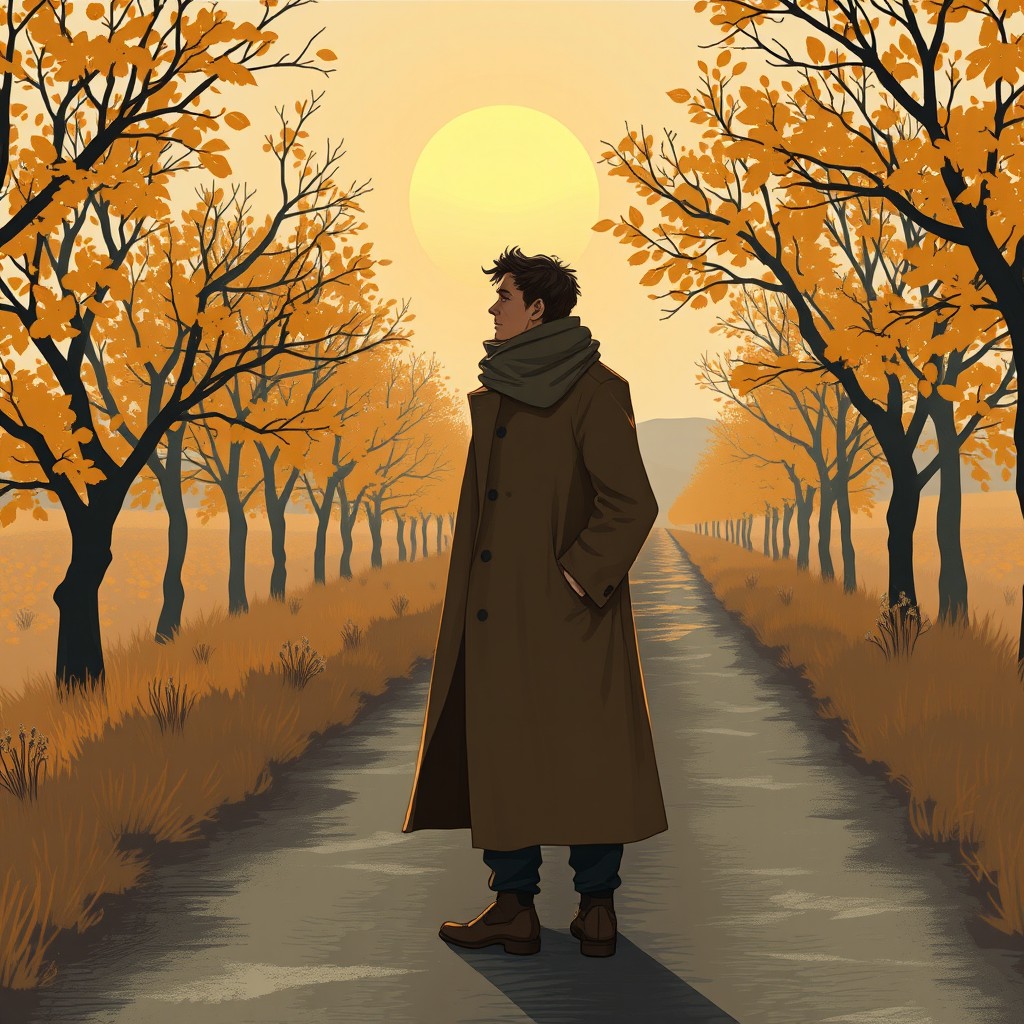 Una narrativa pictórica que ilustra una escena melancólica y solitaria en un paisaje otoñal