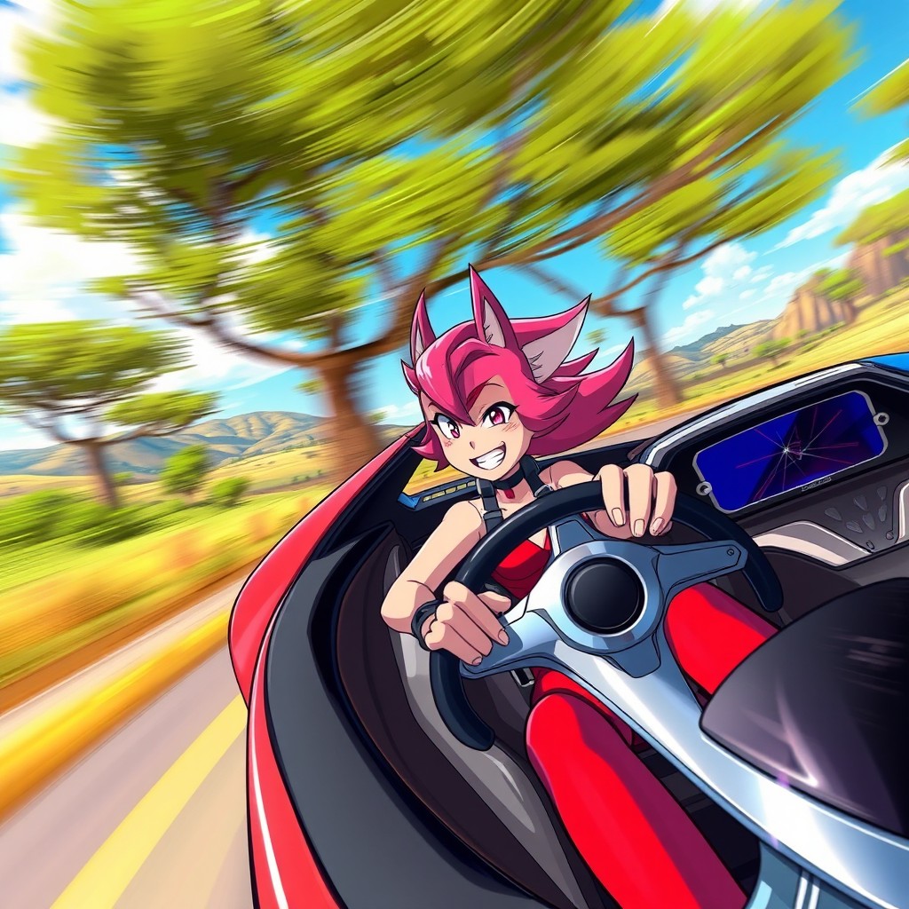 A dynamic scene showing a female anthropomorphic character with pink fur and bright red attire, joyfully driving a sleek, futuristic car at high speed