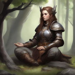 dwarven female kineticist meditates wearing her heavy armor while manipulating nature's energy arrounds her