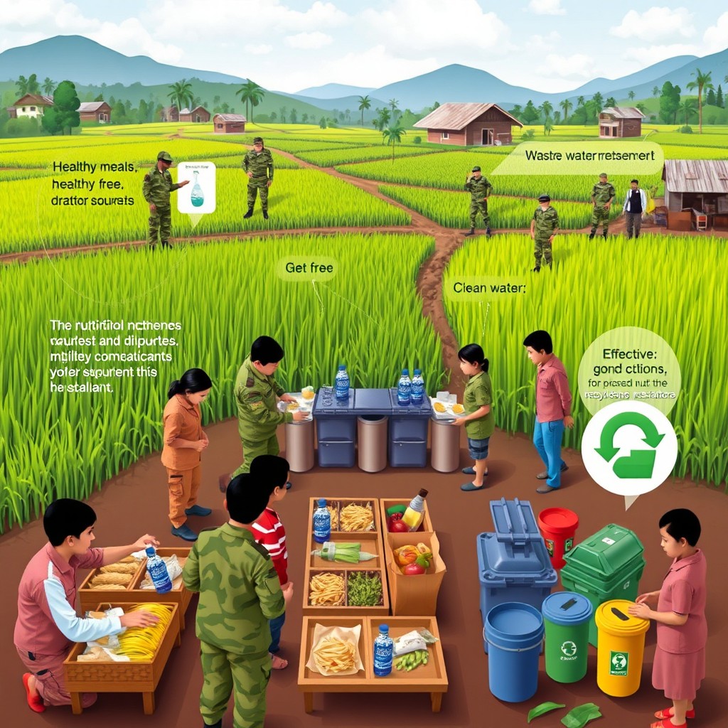 A dynamic and educational scene illustrating food security and nutrition, featuring healthy meals provided for free, clean water sources, the distribution of rice harvests, and effective waste management practices