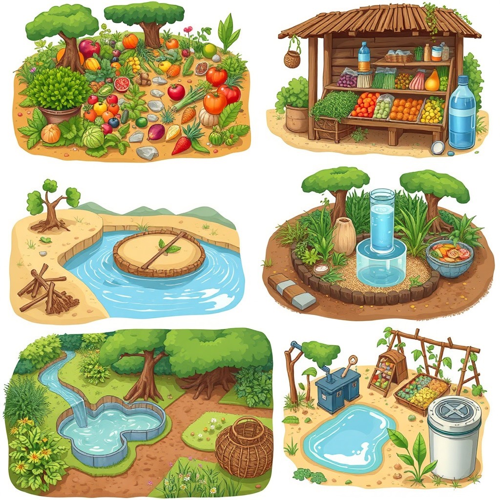 A series of illustrations depicting various aspects of food security, nutritious food, clean water, rice distribution, and waste management