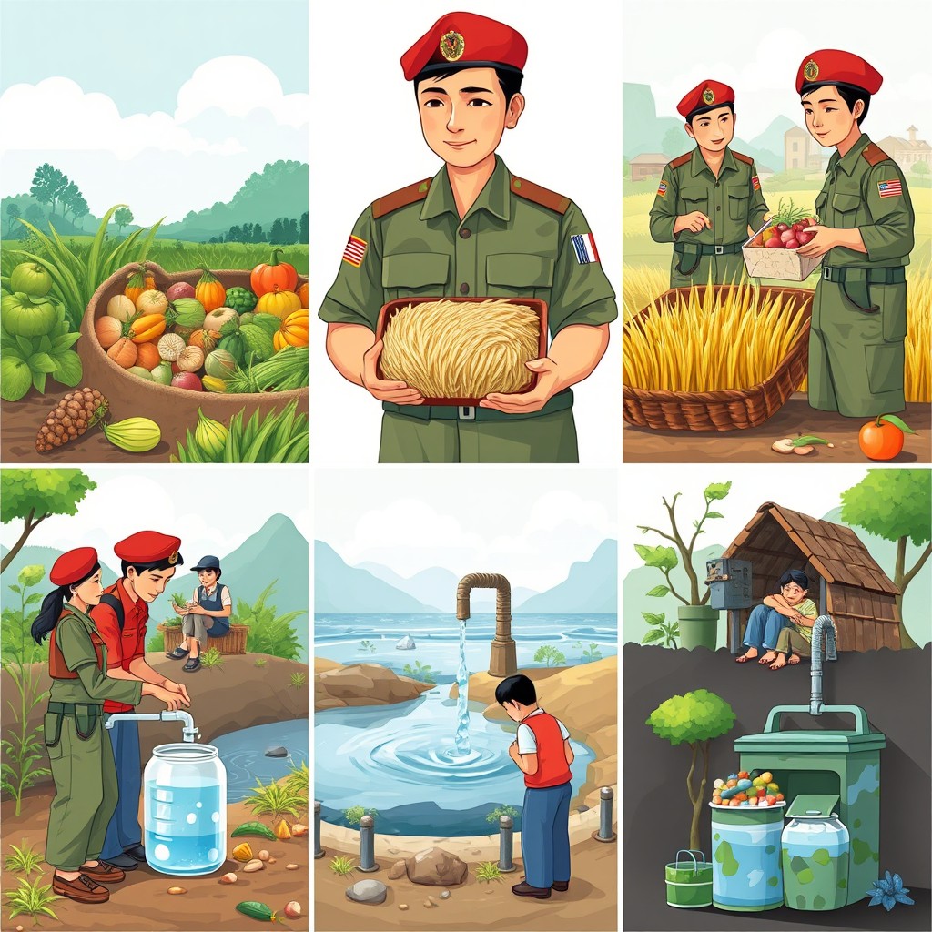 A collection of realistic images illustrating food security, nutritious food access, clean water sources, rice distribution, and waste management