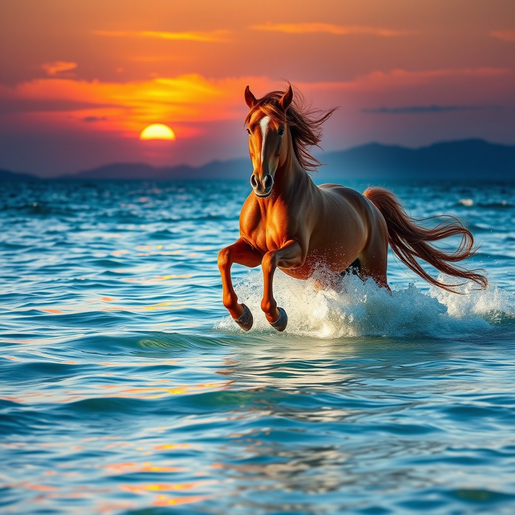 A magnificent horse galloping powerfully across the shimmering surface of a crystal-clear ocean, splashes of water flying from its hooves, with a vibrant sunset casting warm hues of orange, pink, and purple in the background