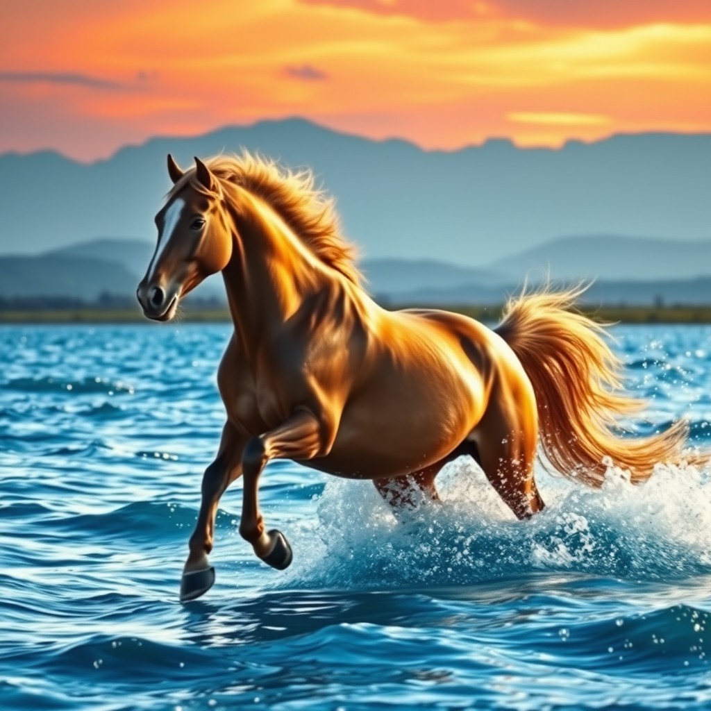 A majestic horse galloping on the surface of shimmering blue water, the sunlight reflecting off the waves creating a magical atmosphere