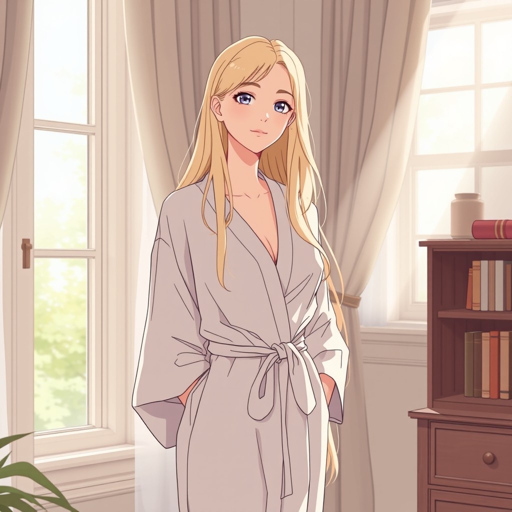 A calm, elegant woman with long light-blonde hair stands near a window in beautiful morning light