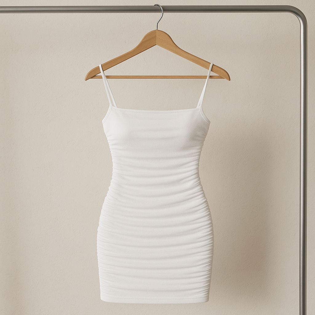 Can you please design a realistic and natural-looking dress based on the photo I’ll send you? I want it to be placed in the same background I’ll provide — hanging on the clothing rack that’s already there. Please don’t change or alter anything in the background. Just create the dress and hang it on the rack while keeping everything else untouched and realistic