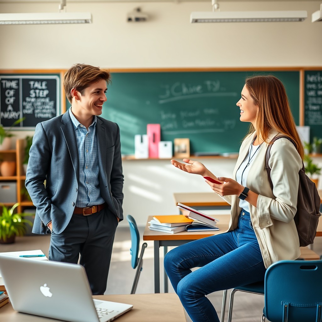 A vibrant college setting featuring a young college male student engaged in a friendly discussion with a young female college professor