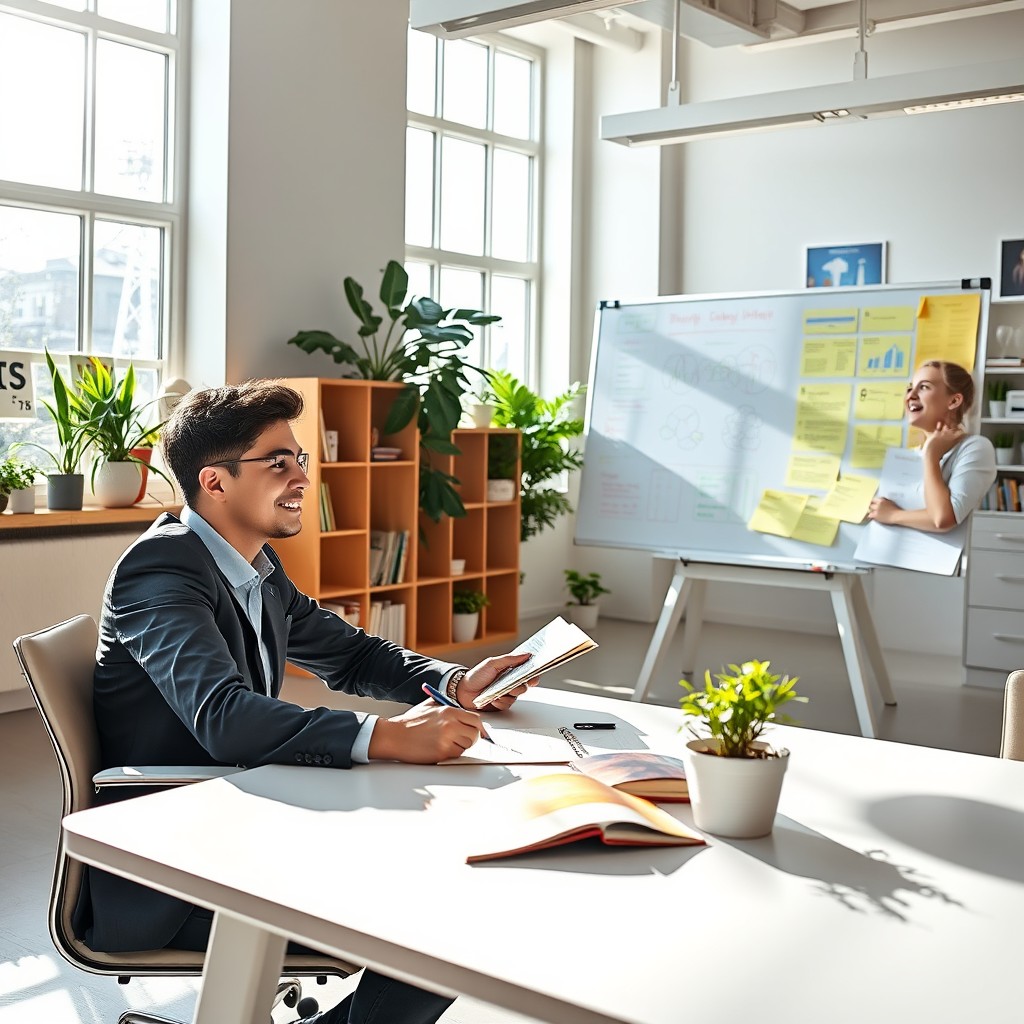A young college male student sitting at a sleek modern desk in a bright and open classroom, engaging in a lively discussion with a young female college teacher