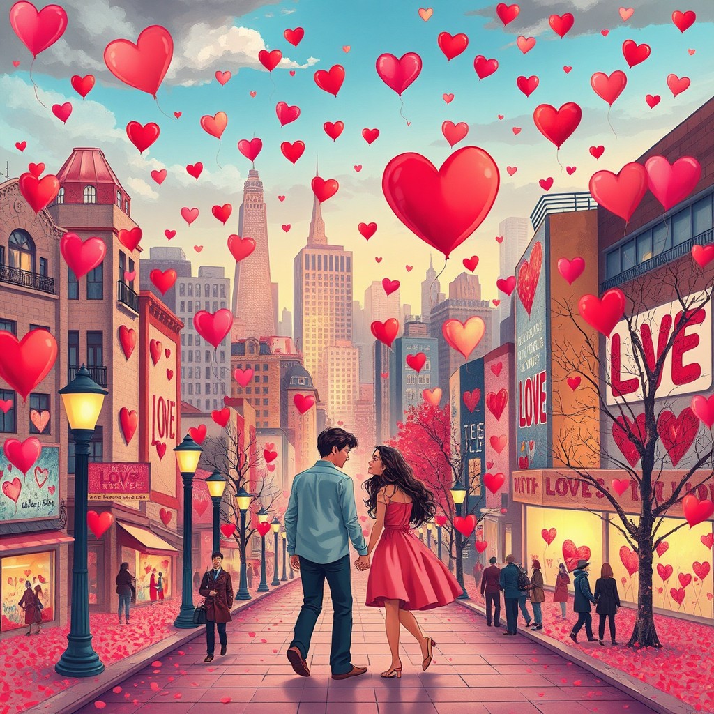 A vibrant city scene overflowing with love, adorned with countless hearts of various sizes and colors
