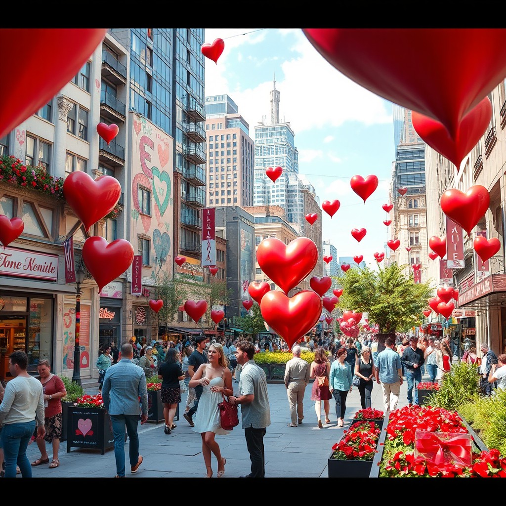 A vibrant urban cityscape filled with symbols of love, such as large, colorful heart sculptures and romantic couples strolling along the streets