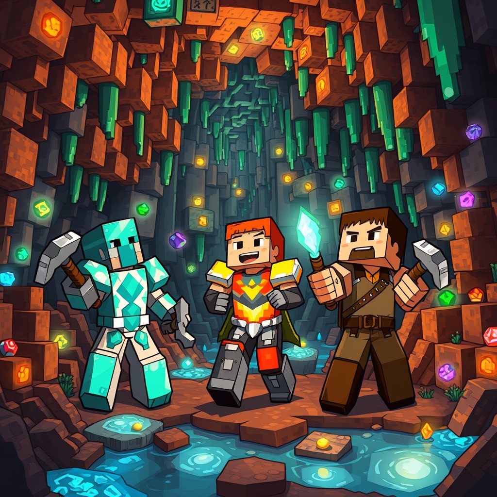 Three friends deep within a Minecraft cave, joyfully exploring the vibrant pixelated landscape