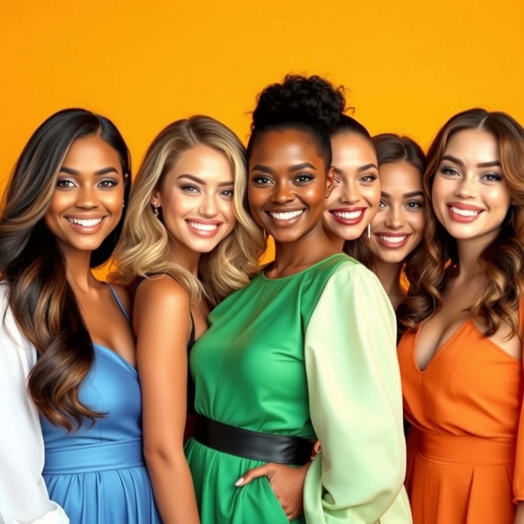 Beautiful women with diverse features and styles, showcasing a variety of hair colors and styles such as long flowing hair, stylish short cuts, and playful curls