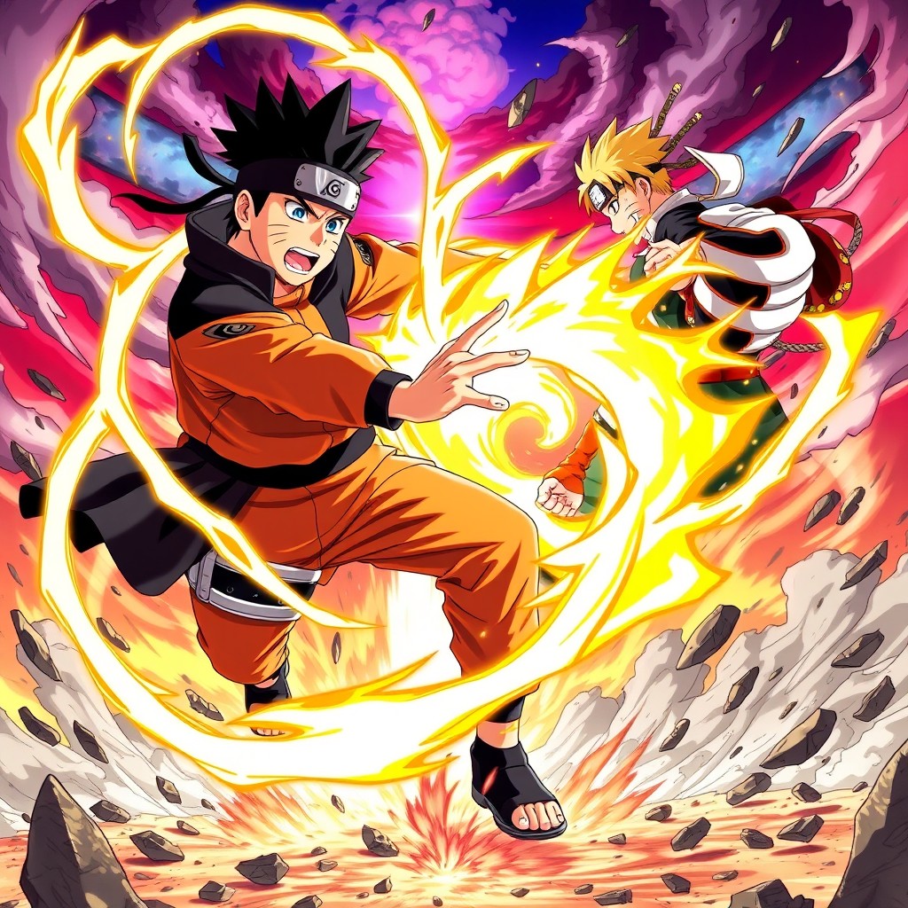A stunning crossover illustration featuring characters from Naruto and Jujutsu Kaisen in an epic battle scene