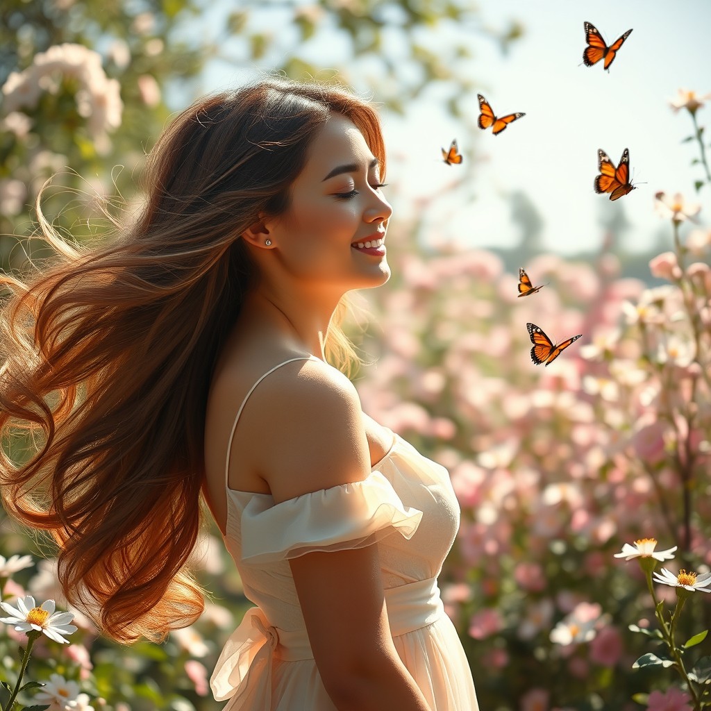 A beautiful woman with long flowing hair, wearing an elegant dress in a soft pastel color